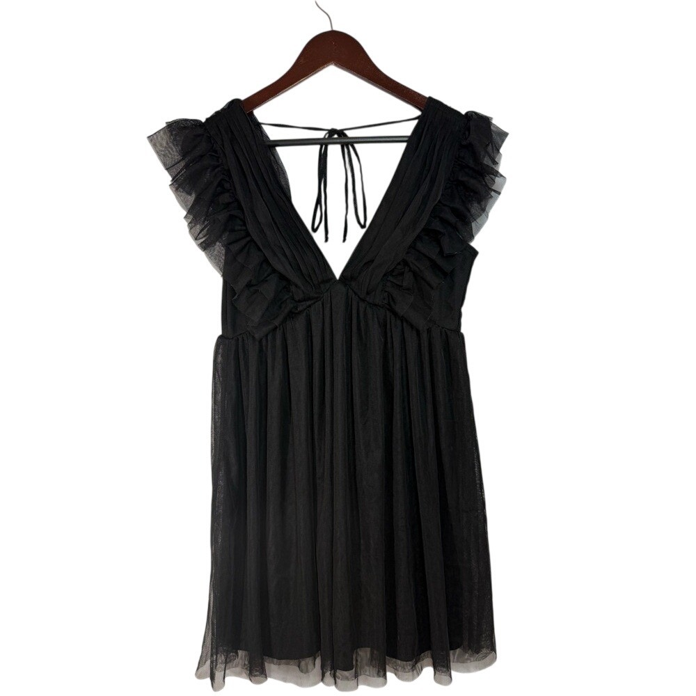Love & Piece Tulle Babydoll Dress Women M Black Excellent Ruffle V-Neck L3734445